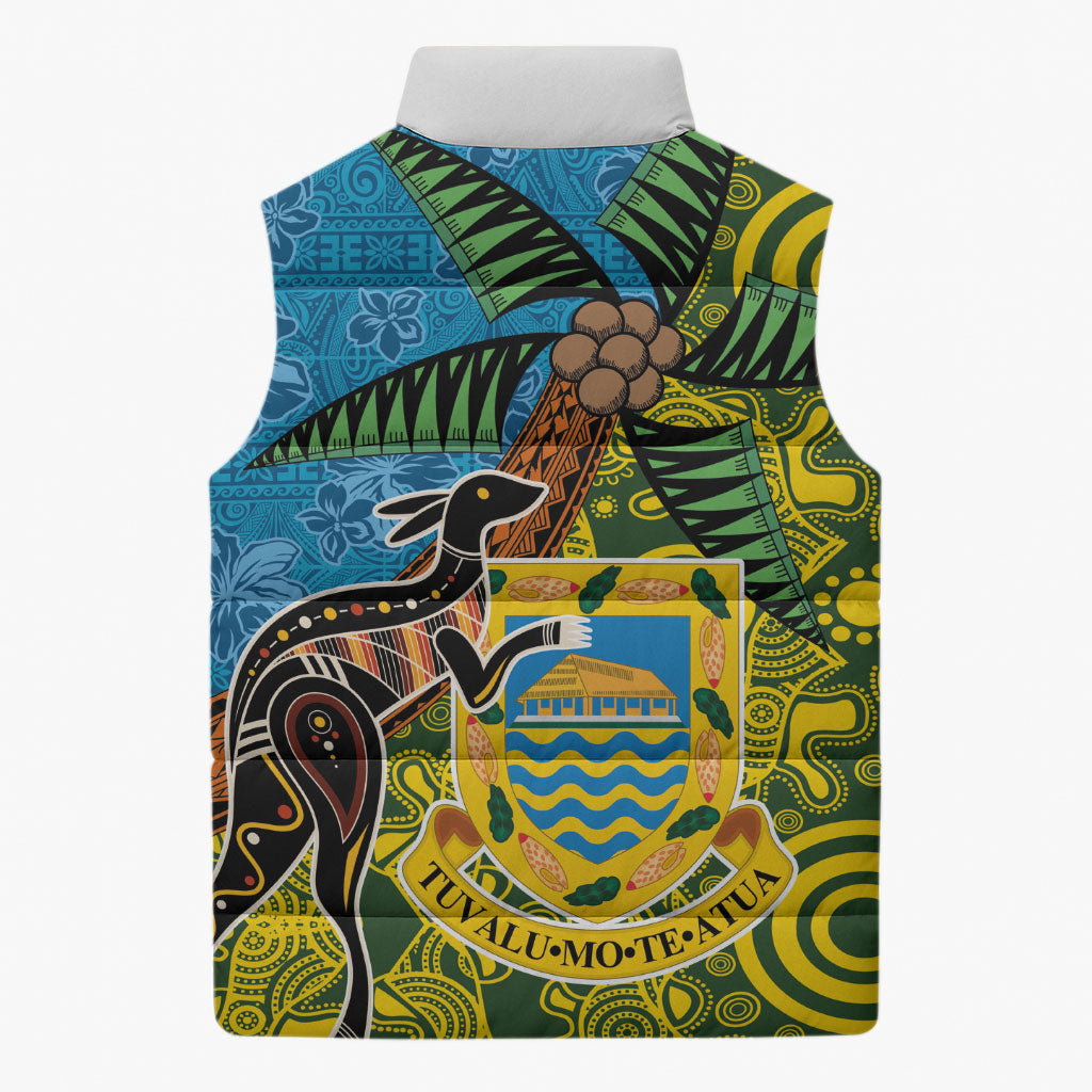 Tuvalu and Australia Together Sleeveless Puffer Jacket Tapa Pattern and Aboriginal mix Culture LT03 - Polynesian Pride