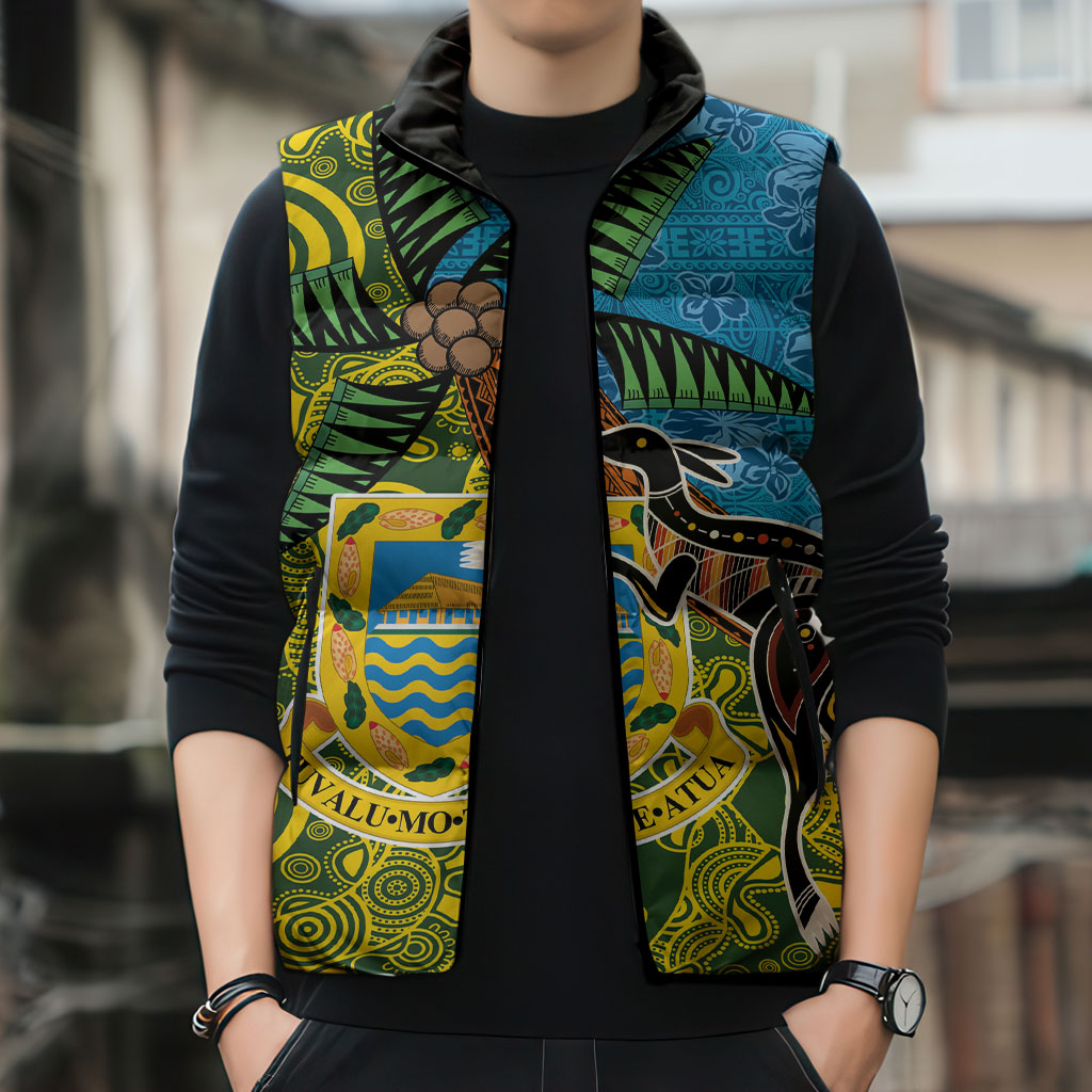 Tuvalu and Australia Together Sleeveless Puffer Jacket Tapa Pattern and Aboriginal mix Culture LT03 - Polynesian Pride