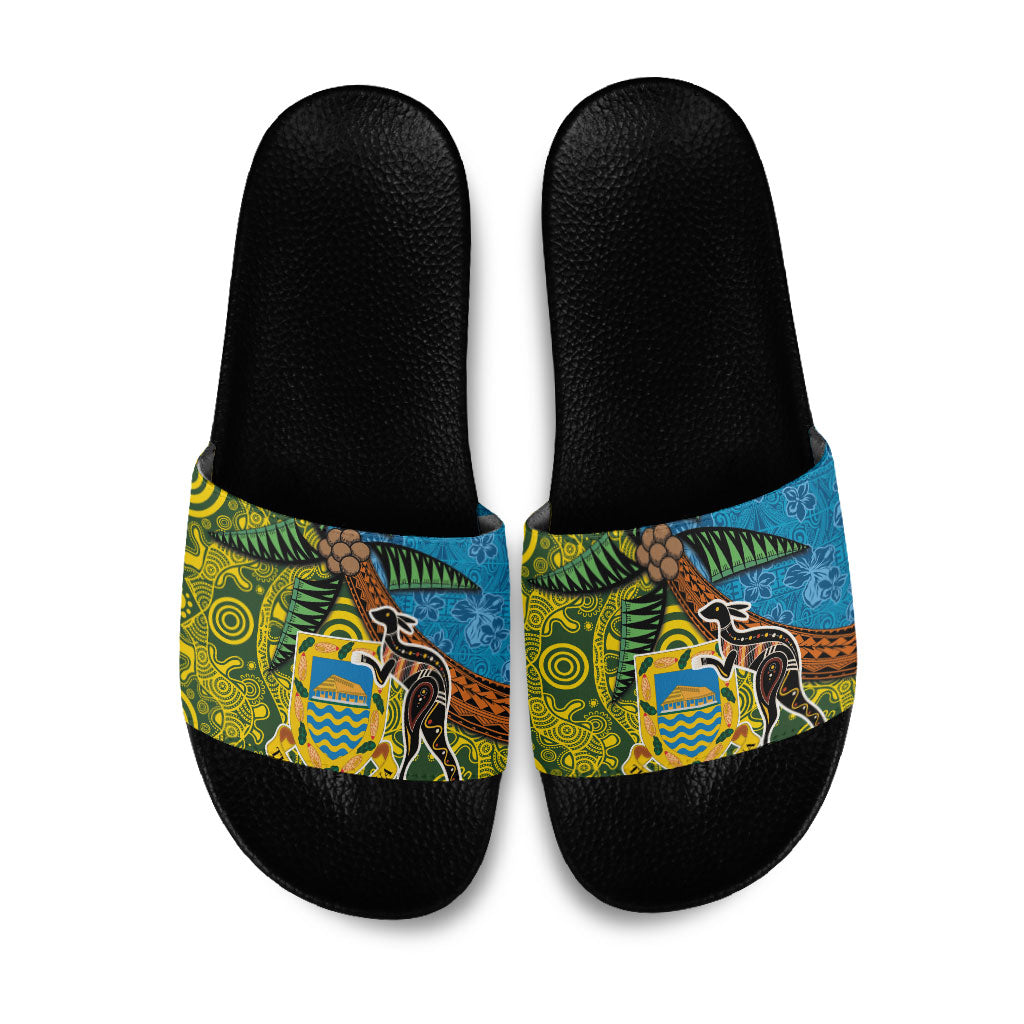 Tuvalu and Australia Together Slide Sandals Tapa Pattern and Aboriginal mix Culture LT03 Multicolor - Polynesian Pride