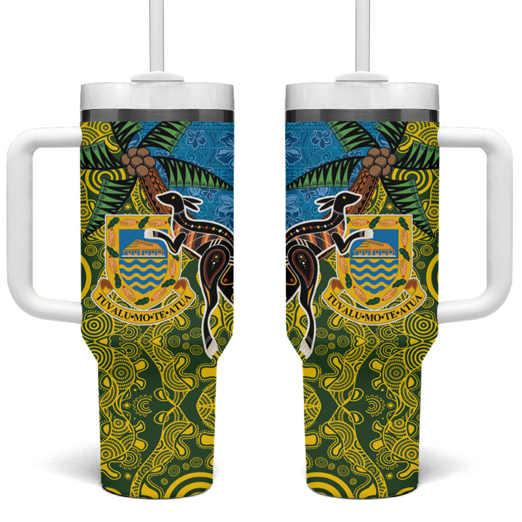 Tuvalu and Australia Together Tumbler With Handle Tapa Pattern and Aboriginal mix Culture LT03 One Size: 40 oz Multicolor - Polynesian Pride