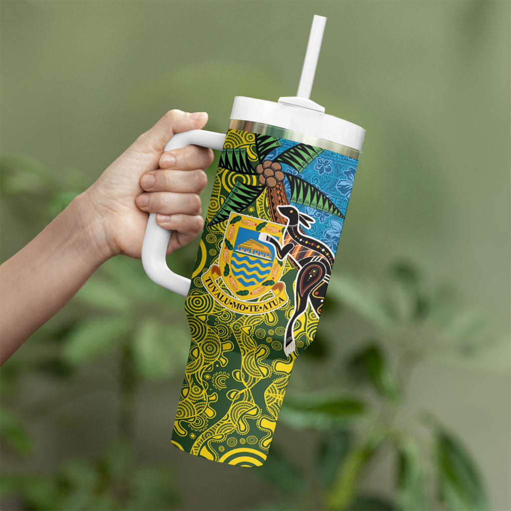 Tuvalu and Australia Together Tumbler With Handle Tapa Pattern and Aboriginal mix Culture LT03 - Polynesian Pride