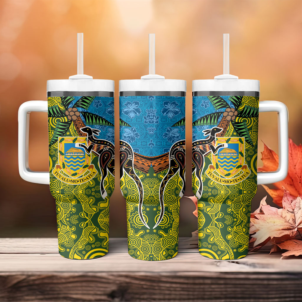 Tuvalu and Australia Together Tumbler With Handle Tapa Pattern and Aboriginal mix Culture LT03 - Polynesian Pride
