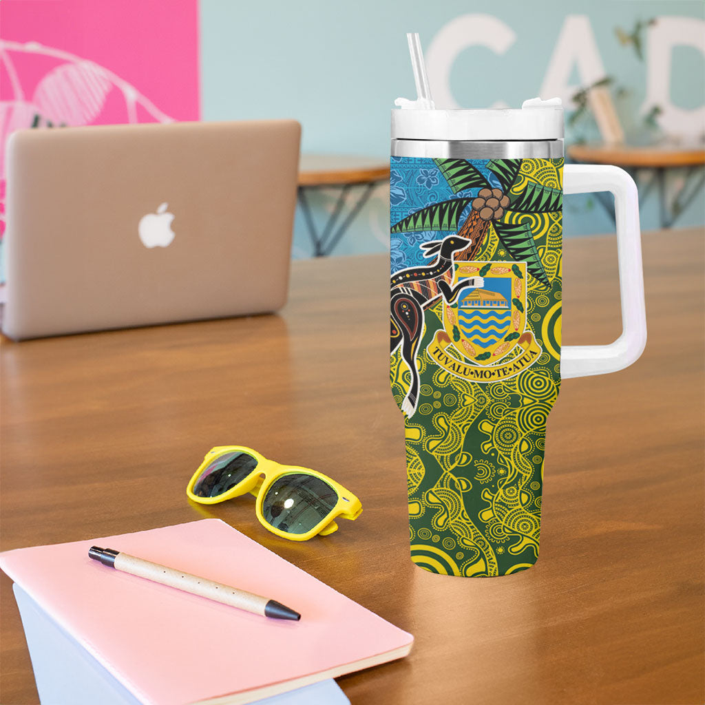 Tuvalu and Australia Together Tumbler With Handle Tapa Pattern and Aboriginal mix Culture LT03 - Polynesian Pride