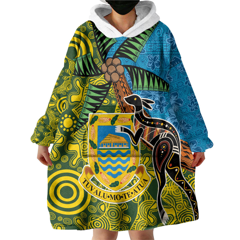 Tuvalu and Australia Together Wearable Blanket Hoodie Tapa Pattern and Aboriginal mix Culture LT03 - Polynesian Pride