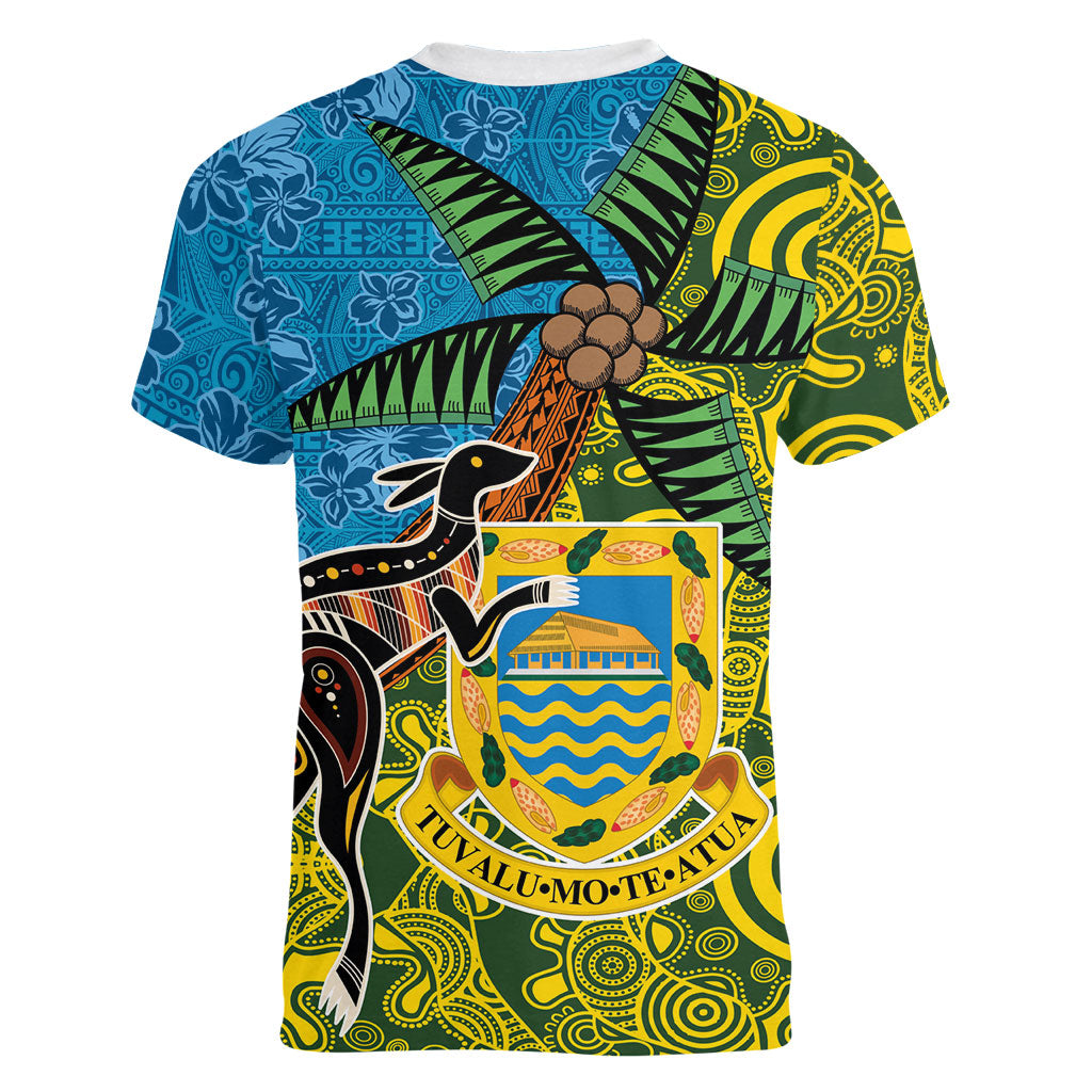 Tuvalu and Australia Together Women V-Neck T-Shirt Tapa Pattern and Aboriginal mix Culture LT03 - Polynesian Pride