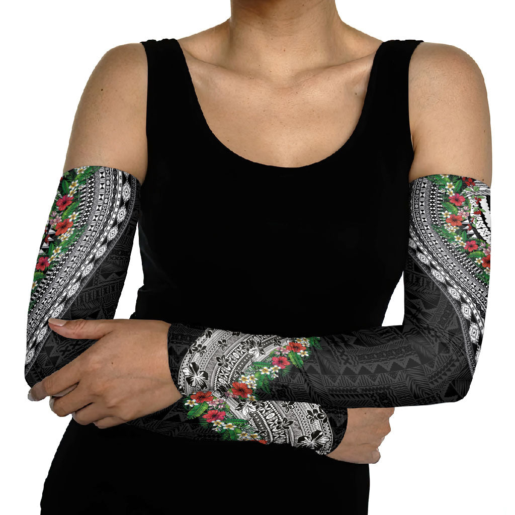 Fiji Hibiscus Arm Sleeves Tapa Masi Motifs with Tropical Plants LT03 - Polynesian Pride