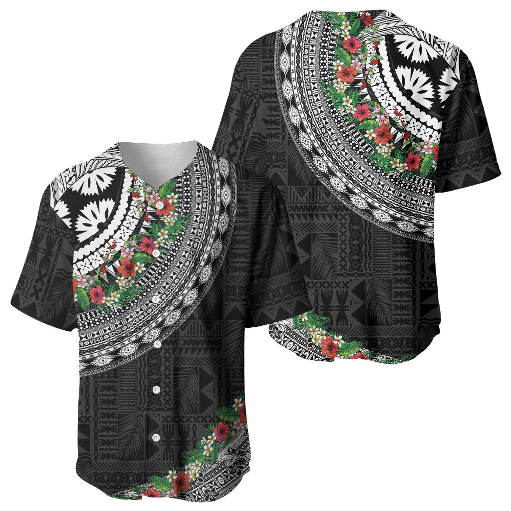 Fiji Hibiscus Baseball Jersey Tapa Masi Motifs with Tropical Plants LT03 - Polynesian Pride