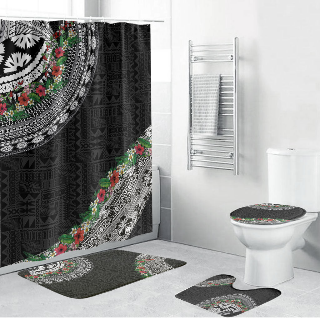 Fiji Hibiscus Bathroom Set Tapa Masi Motifs with Tropical Plants LT03 Bathroom Set (4 pcs) Black - Polynesian Pride