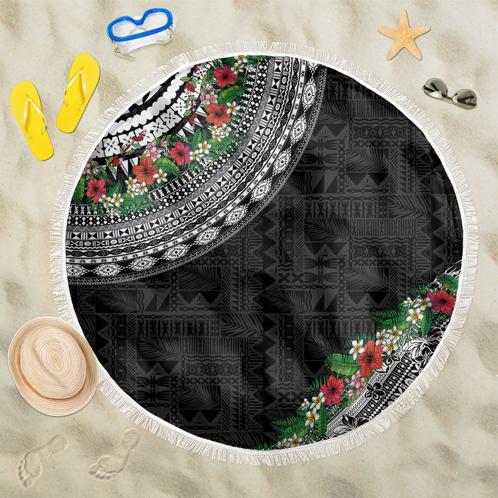 Fiji Hibiscus Beach Blanket Tapa Masi Motifs with Tropical Plants LT03 One Size 150cm Black - Polynesian Pride