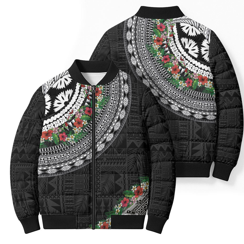 Fiji Hibiscus Bomber Puffer Jacket Tapa Masi Motifs with Tropical Plants LT03 - Polynesian Pride
