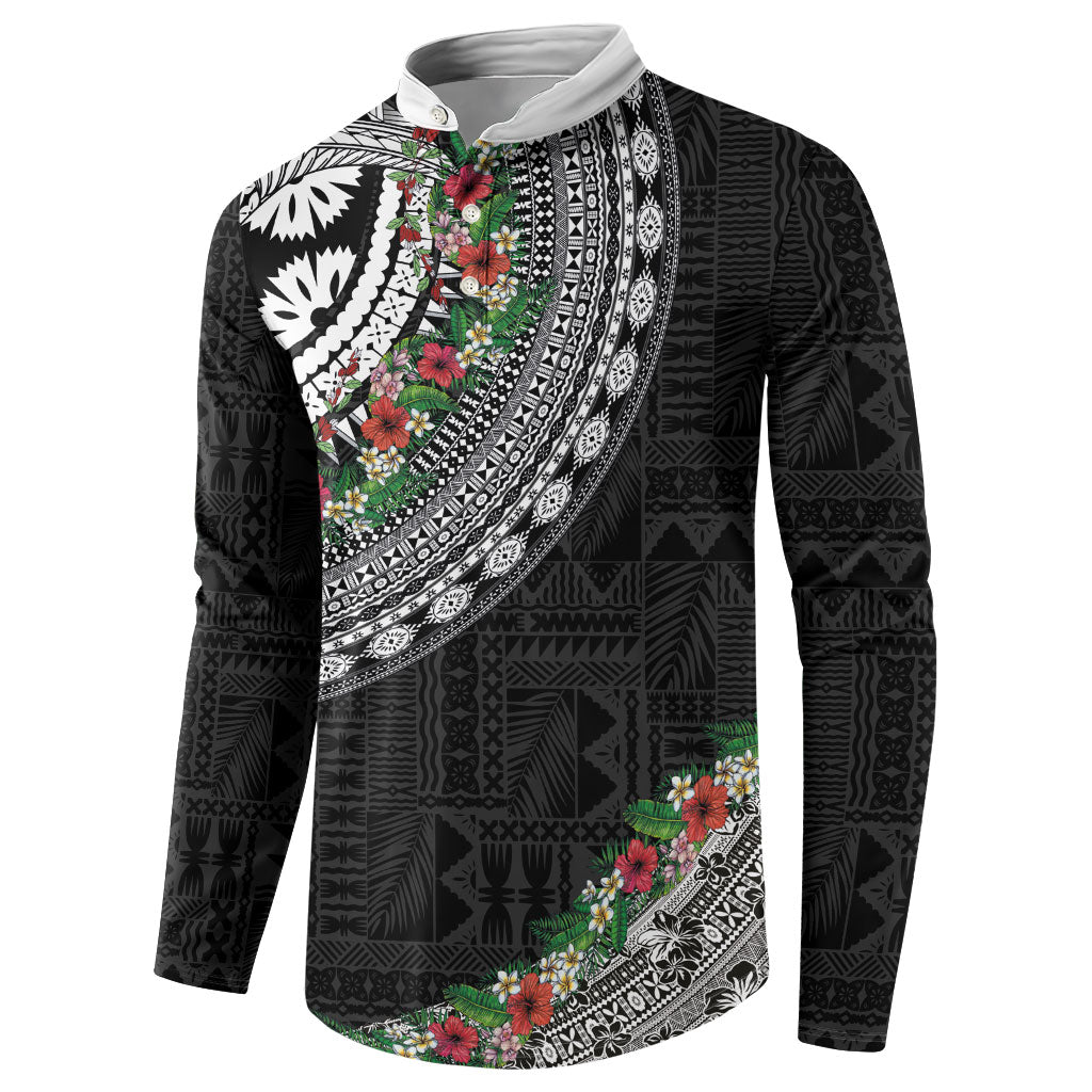 Fiji Hibiscus Button Sweatshirt Tapa Masi Motifs with Tropical Plants LT03 - Polynesian Pride