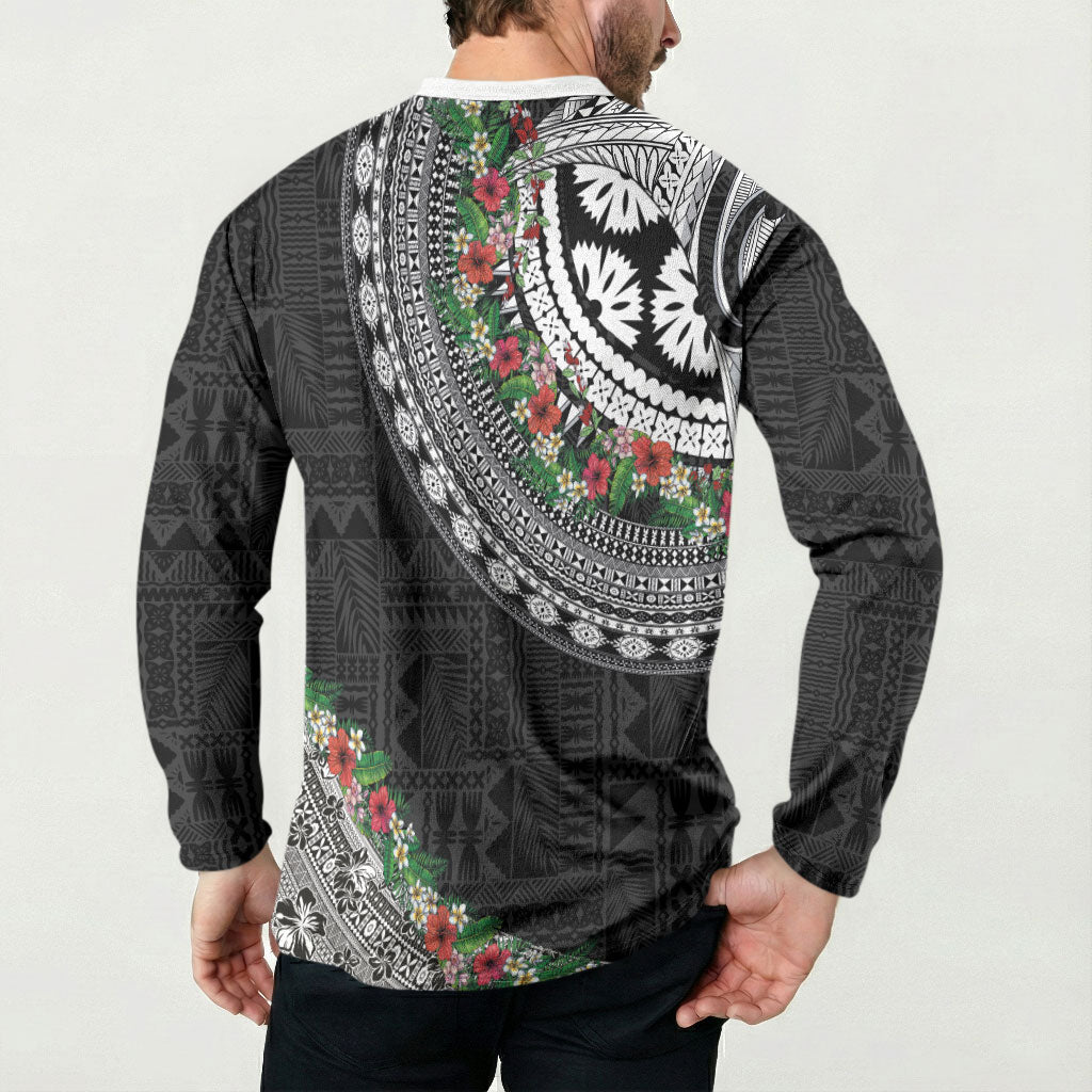 Fiji Hibiscus Button Sweatshirt Tapa Masi Motifs with Tropical Plants LT03 - Polynesian Pride