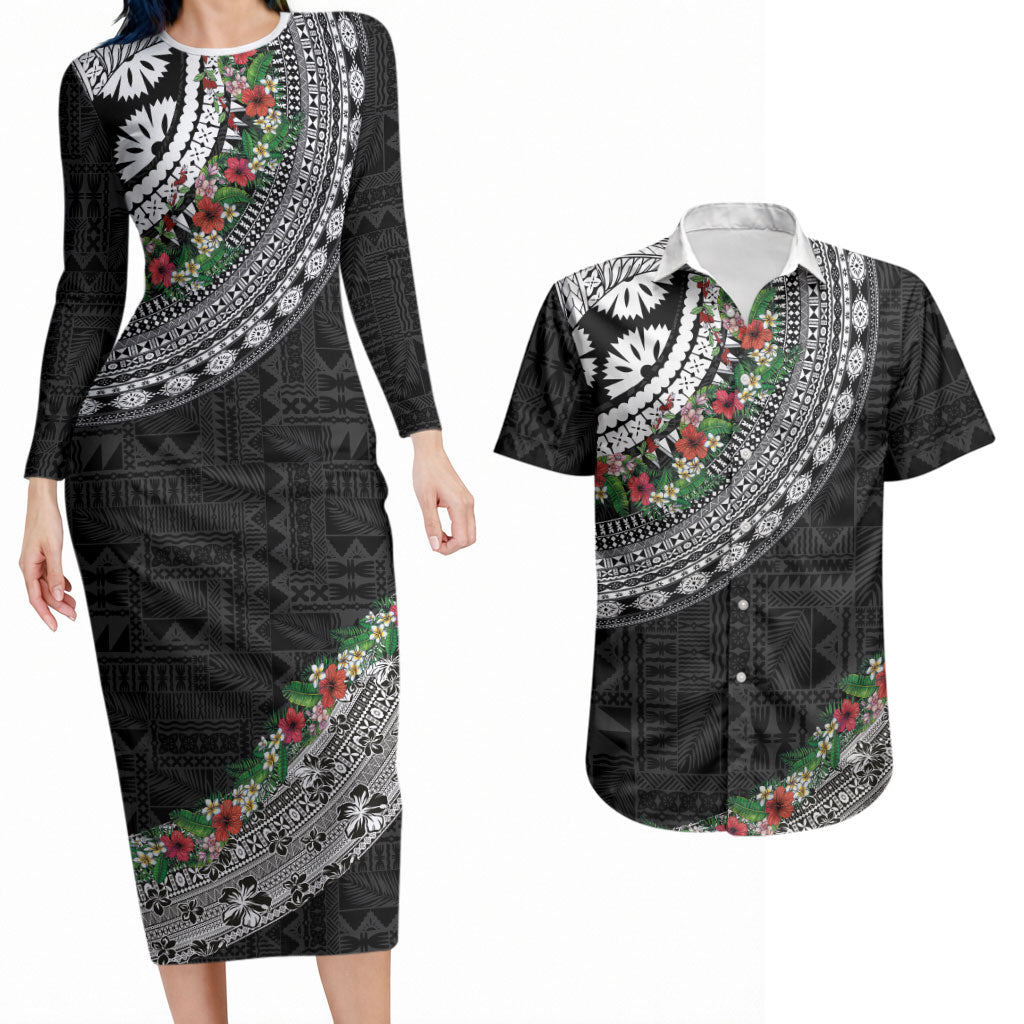 Fiji Hibiscus Couples Matching Long Sleeve Bodycon Dress and Hawaiian Shirt Tapa Masi Motifs with Tropical Plants LT03 Black - Polynesian Pride