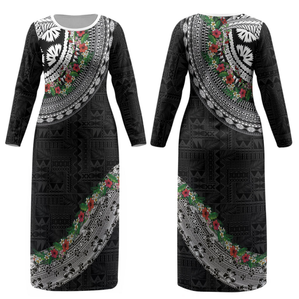 Fiji Hibiscus Couples Matching Long Sleeve Bodycon Dress and Hawaiian Shirt Tapa Masi Motifs with Tropical Plants LT03 - Polynesian Pride