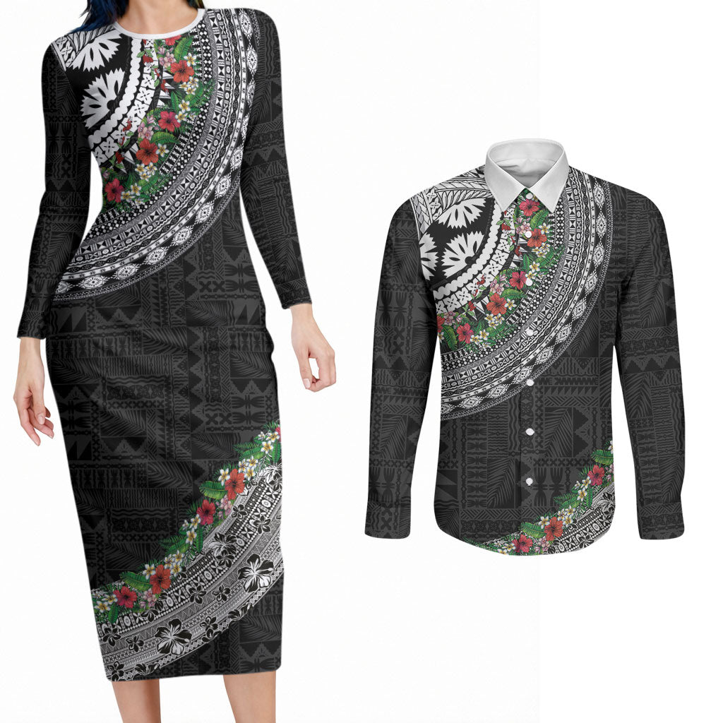 Fiji Hibiscus Couples Matching Long Sleeve Bodycon Dress and Long Sleeve Button Shirt Tapa Masi Motifs with Tropical Plants LT03 Black - Polynesian Pride