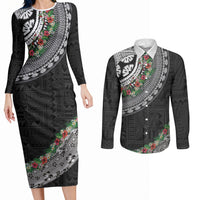 Fiji Hibiscus Couples Matching Long Sleeve Bodycon Dress and Long Sleeve Button Shirt Tapa Masi Motifs with Tropical Plants LT03 Black - Polynesian Pride