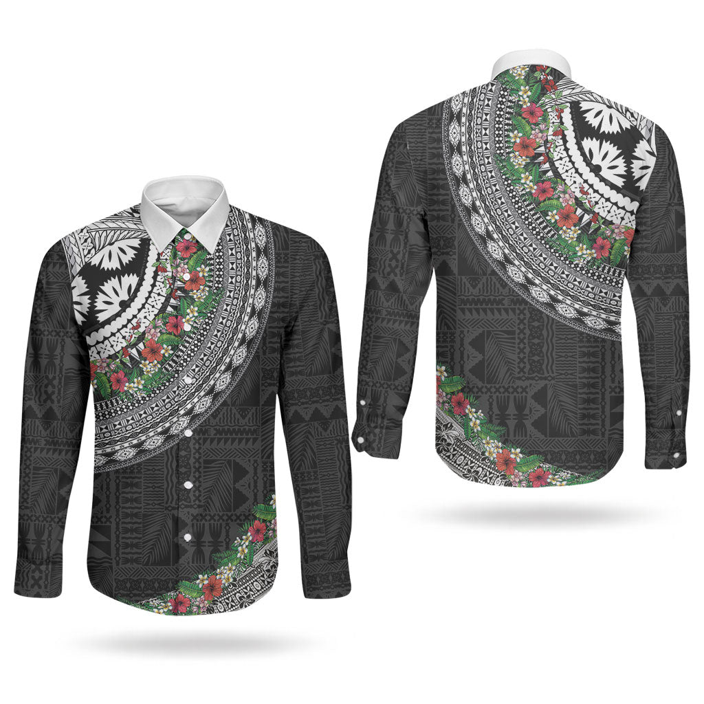 Fiji Hibiscus Couples Matching Long Sleeve Bodycon Dress and Long Sleeve Button Shirt Tapa Masi Motifs with Tropical Plants LT03 - Polynesian Pride