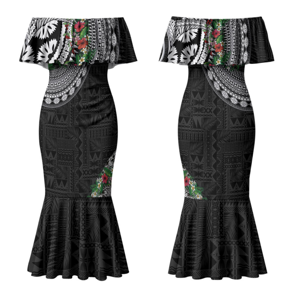 Fiji Hibiscus Couples Matching Mermaid Dress and Hawaiian Shirt Tapa Masi Motifs with Tropical Plants LT03 - Polynesian Pride