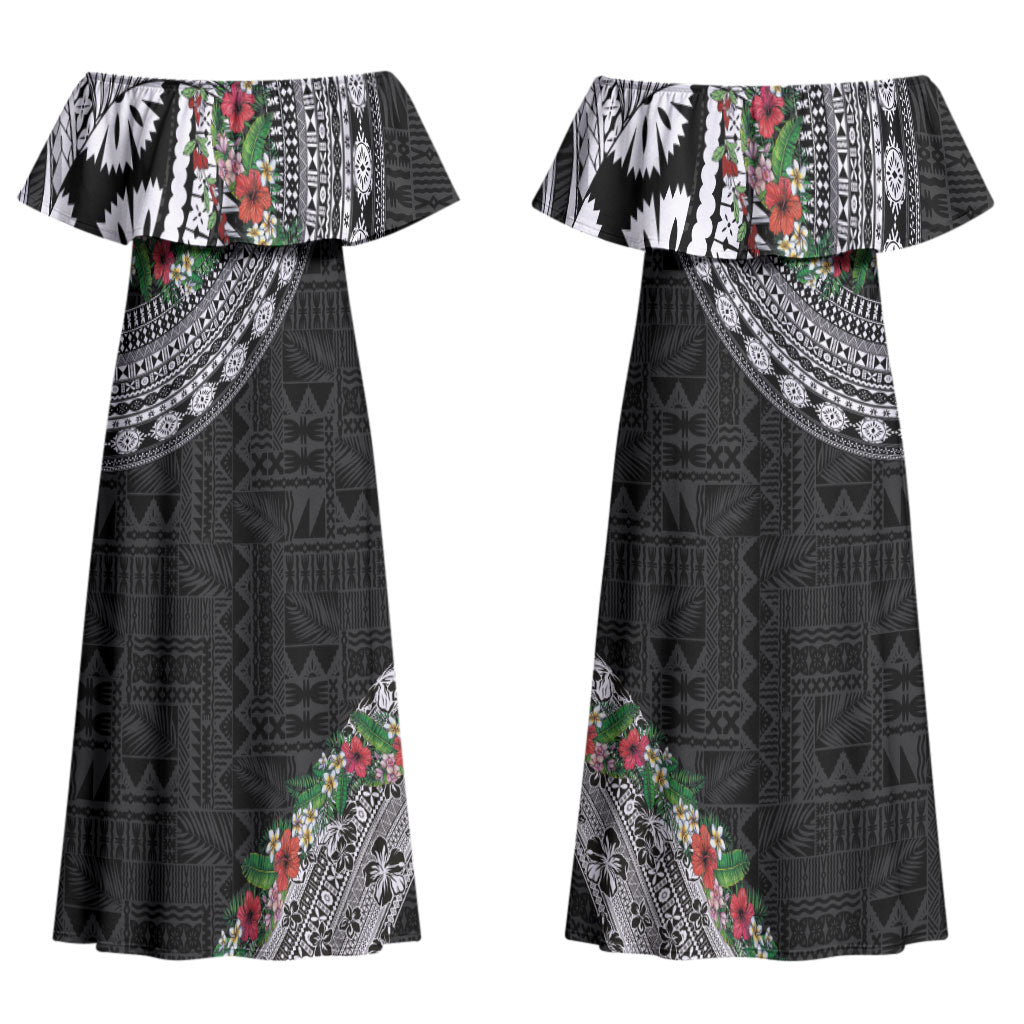 Fiji Hibiscus Couples Matching Off Shoulder Maxi Dress and Hawaiian Shirt Tapa Masi Motifs with Tropical Plants LT03 - Polynesian Pride