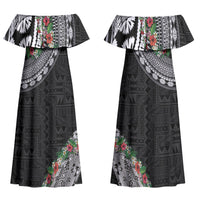 Fiji Hibiscus Couples Matching Off Shoulder Maxi Dress and Hawaiian Shirt Tapa Masi Motifs with Tropical Plants LT03 - Polynesian Pride