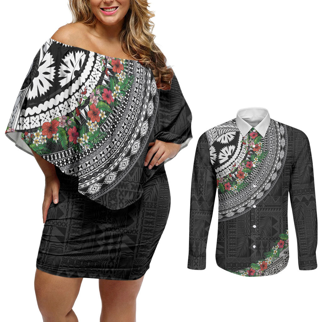 Fiji Hibiscus Couples Matching Off Shoulder Short Dress and Long Sleeve Button Shirt Tapa Masi Motifs with Tropical Plants LT03 Black - Polynesian Pride