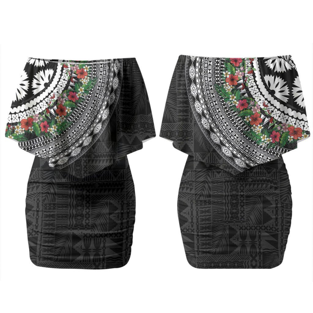 Fiji Hibiscus Couples Matching Off Shoulder Short Dress and Long Sleeve Button Shirt Tapa Masi Motifs with Tropical Plants LT03 - Polynesian Pride