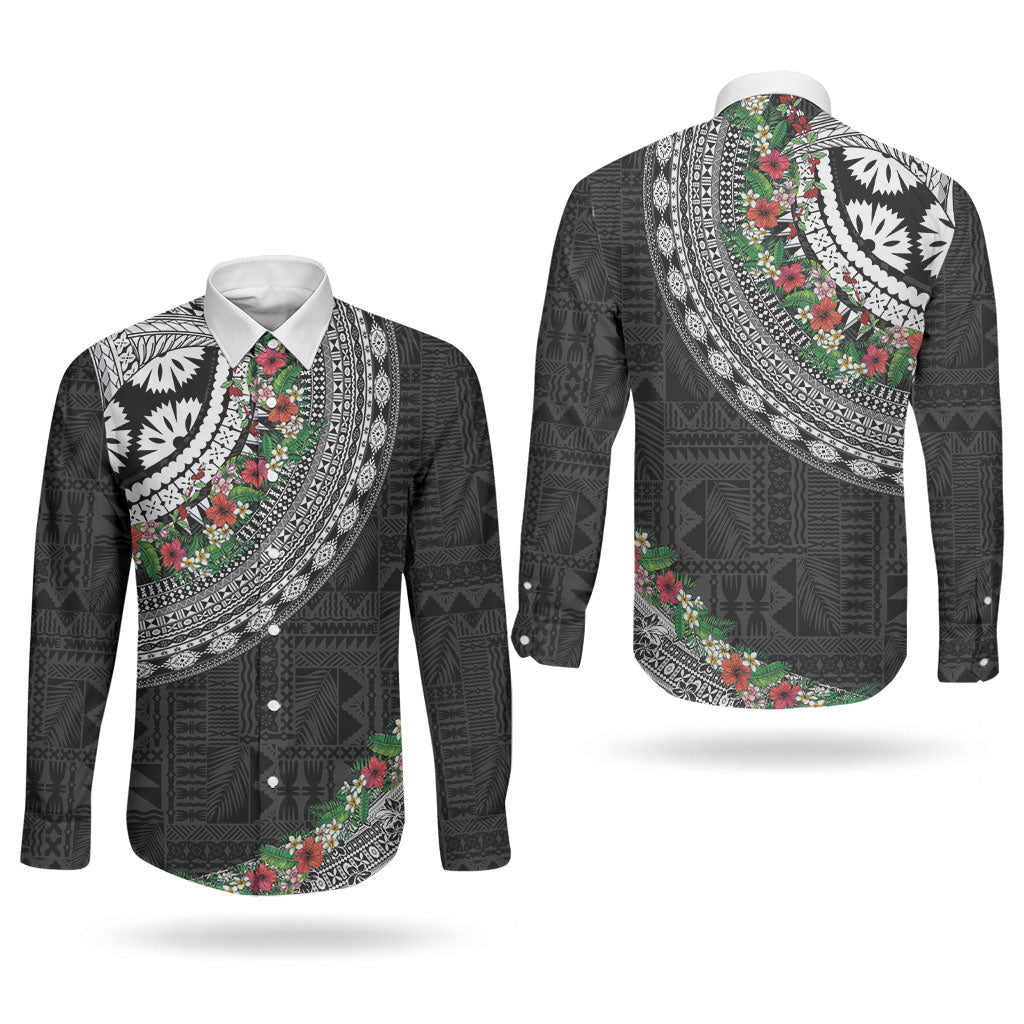 Fiji Hibiscus Couples Matching Off The Shoulder Long Sleeve Dress and Long Sleeve Button Shirt Tapa Masi Motifs with Tropical Plants LT03 - Polynesian Pride