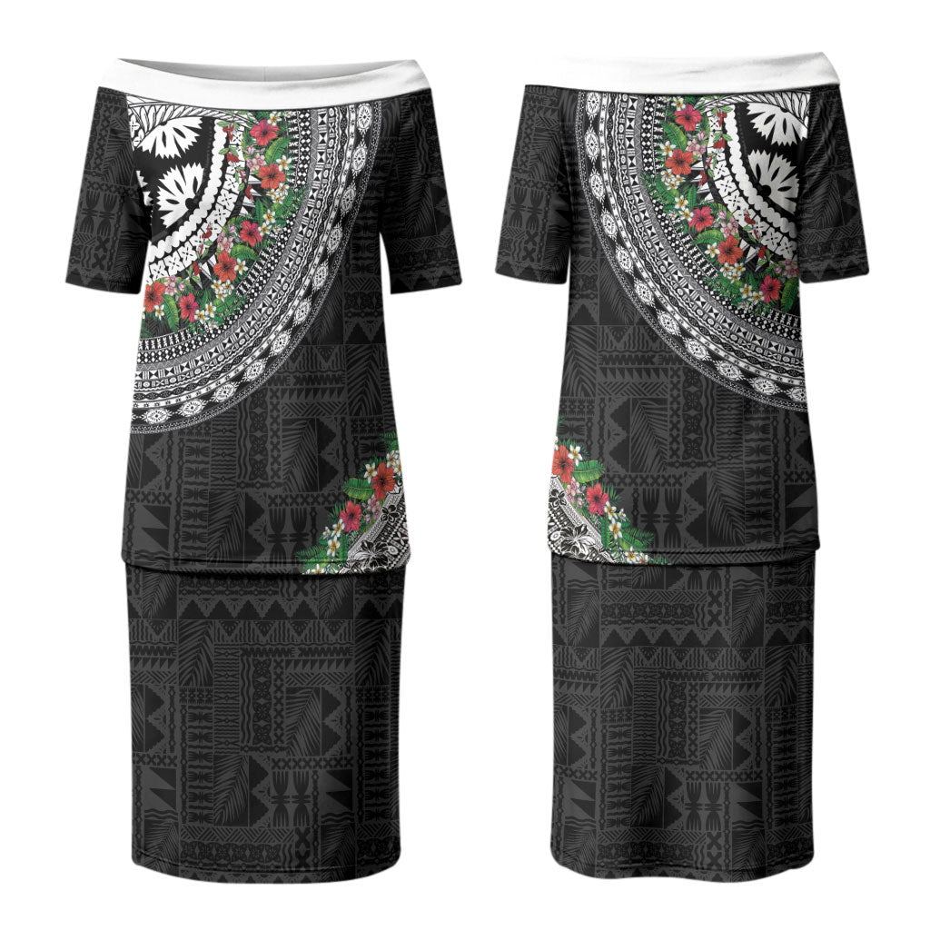 Fiji Hibiscus Couples Matching Puletasi and Hawaiian Shirt Tapa Masi Motifs with Tropical Plants LT03 - Polynesian Pride
