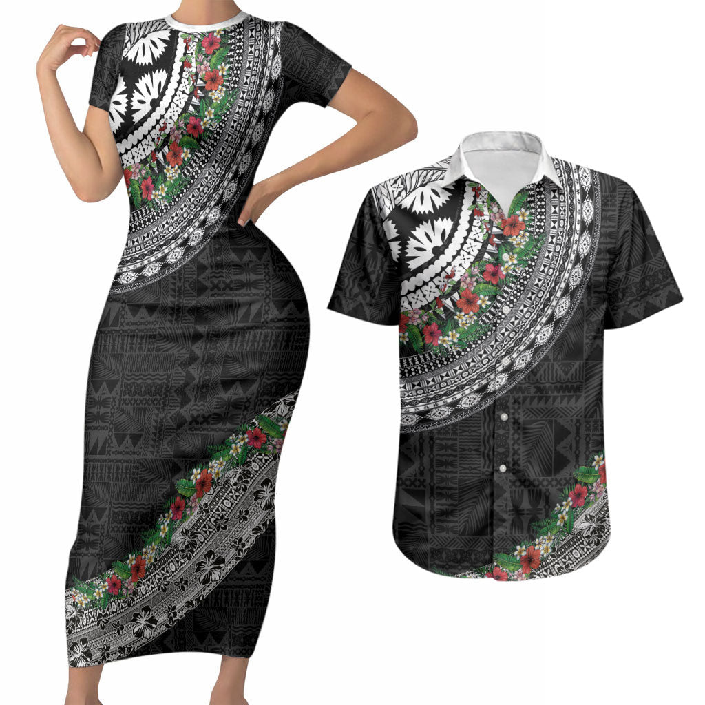 Fiji Hibiscus Couples Matching Short Sleeve Bodycon Dress and Hawaiian Shirt Tapa Masi Motifs with Tropical Plants LT03 Black - Polynesian Pride
