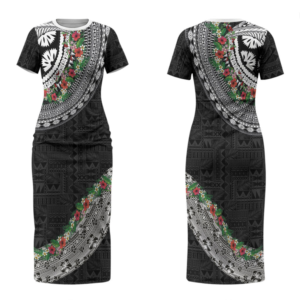 Fiji Hibiscus Couples Matching Short Sleeve Bodycon Dress and Hawaiian Shirt Tapa Masi Motifs with Tropical Plants LT03 - Polynesian Pride