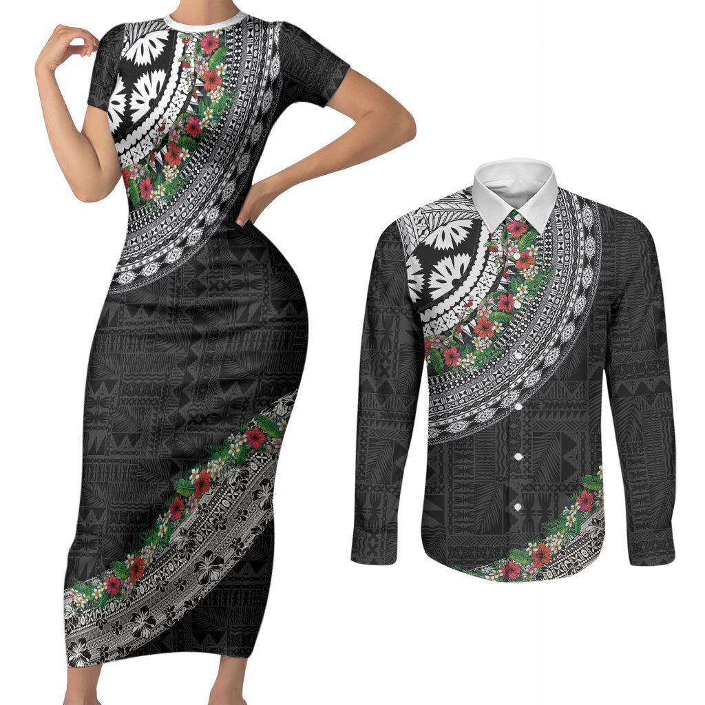 Fiji Hibiscus Couples Matching Short Sleeve Bodycon Dress and Long Sleeve Button Shirt Tapa Masi Motifs with Tropical Plants LT03 Black - Polynesian Pride