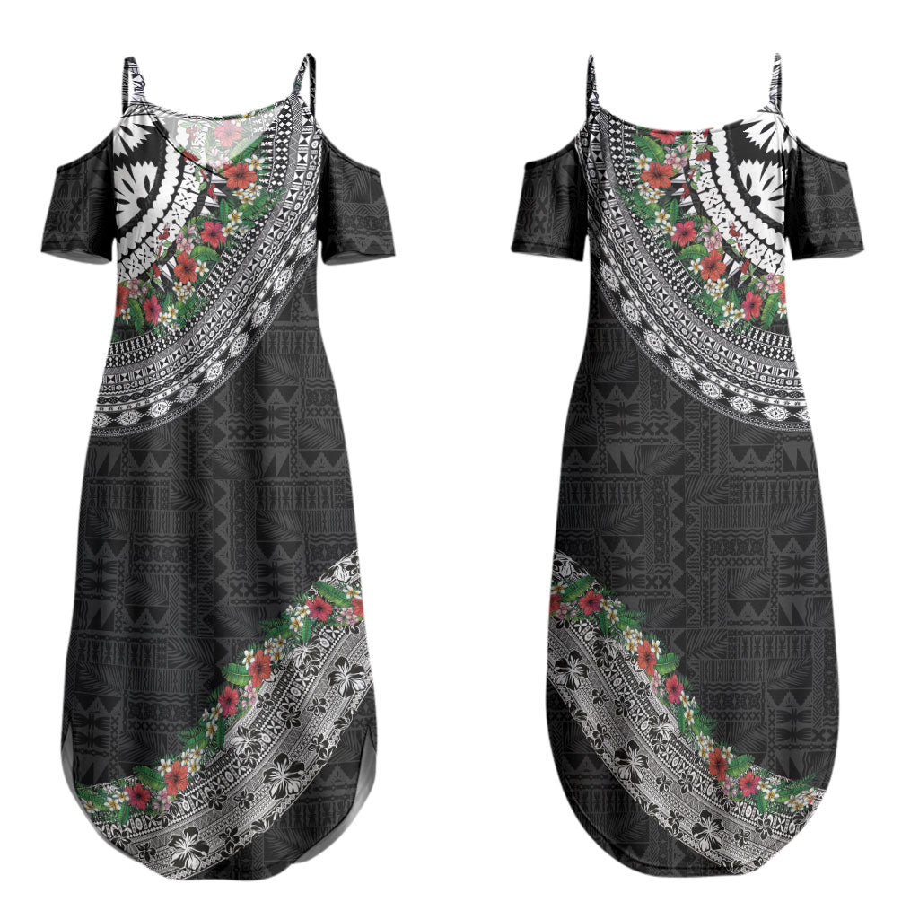 Fiji Hibiscus Couples Matching Summer Maxi Dress and Hawaiian Shirt Tapa Masi Motifs with Tropical Plants LT03 - Polynesian Pride