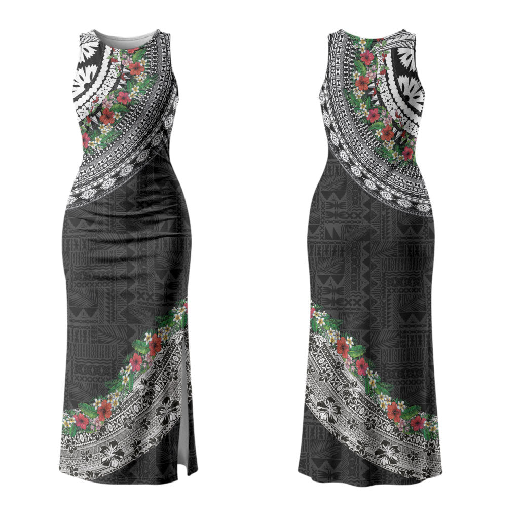 Fiji Hibiscus Couples Matching Tank Maxi Dress and Long Sleeve Button Shirt Tapa Masi Motifs with Tropical Plants LT03 - Polynesian Pride