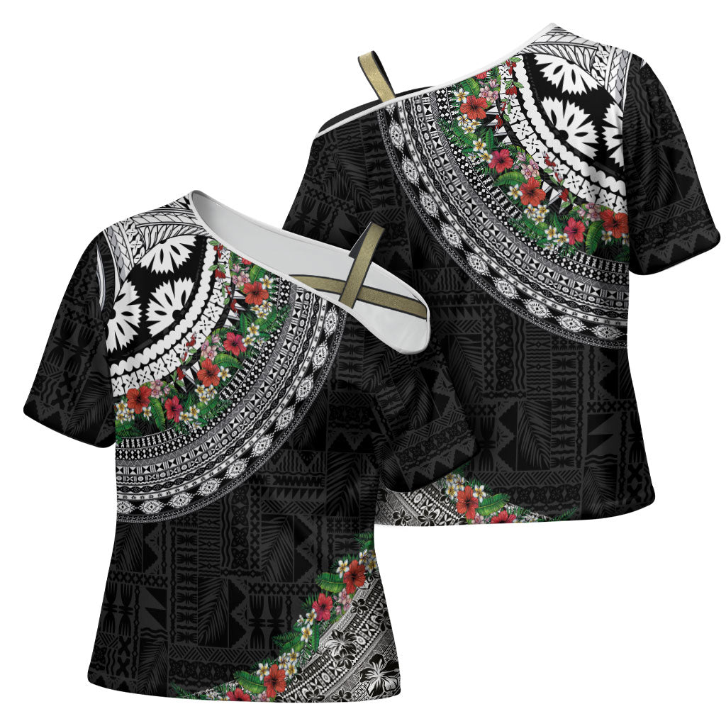 Fiji Hibiscus Cross Shoulder Shirt Tapa Masi Motifs with Tropical Plants LT03 - Polynesian Pride