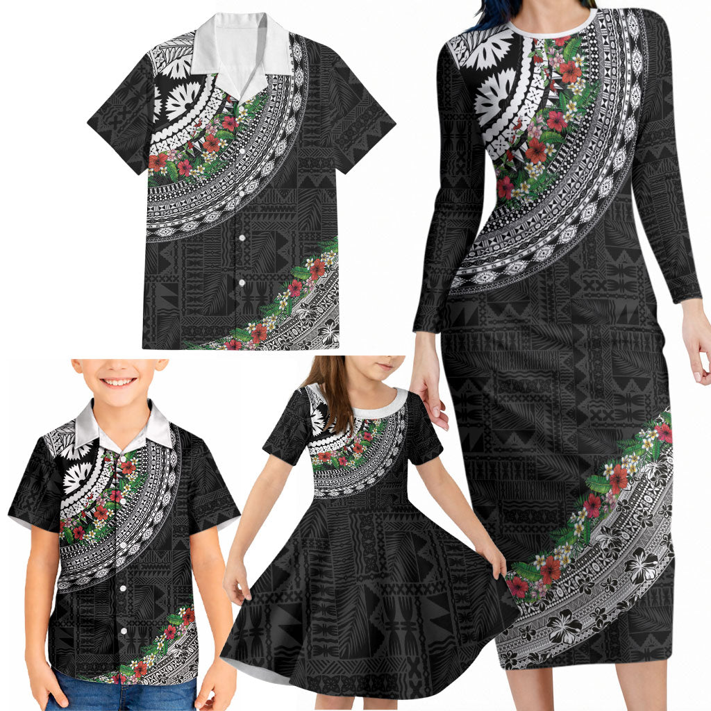 Fiji Hibiscus Family Matching Long Sleeve Bodycon Dress and Hawaiian Shirt Tapa Masi Motifs with Tropical Plants LT03 - Polynesian Pride