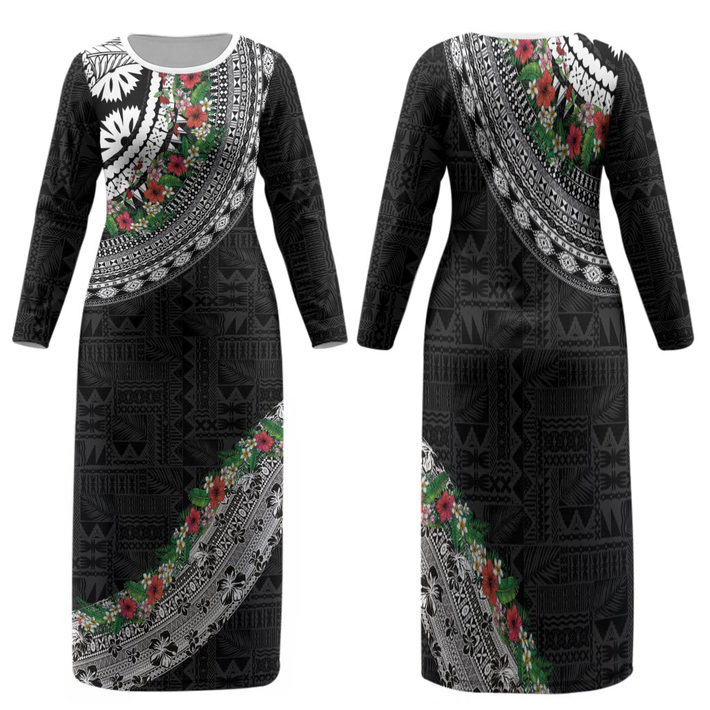 Fiji Hibiscus Family Matching Long Sleeve Bodycon Dress and Hawaiian Shirt Tapa Masi Motifs with Tropical Plants LT03 Mom's Dress Black - Polynesian Pride