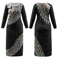 Fiji Hibiscus Family Matching Long Sleeve Bodycon Dress and Hawaiian Shirt Tapa Masi Motifs with Tropical Plants LT03 Mom's Dress Black - Polynesian Pride