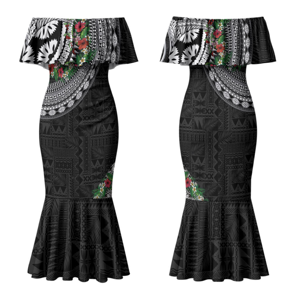 Fiji Hibiscus Family Matching Mermaid Dress and Hawaiian Shirt Tapa Masi Motifs with Tropical Plants LT03 Mom's Dress Black - Polynesian Pride