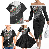 Fiji Hibiscus Family Matching Off The Shoulder Long Sleeve Dress and Hawaiian Shirt Tapa Masi Motifs with Tropical Plants LT03 - Polynesian Pride