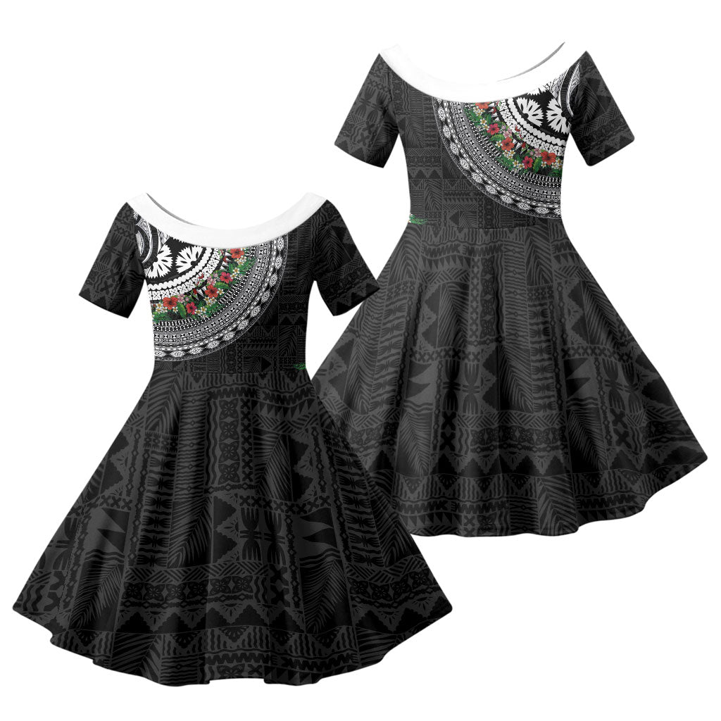 Fiji Hibiscus Family Matching Off The Shoulder Long Sleeve Dress and Hawaiian Shirt Tapa Masi Motifs with Tropical Plants LT03 Daughter's Dress Black - Polynesian Pride