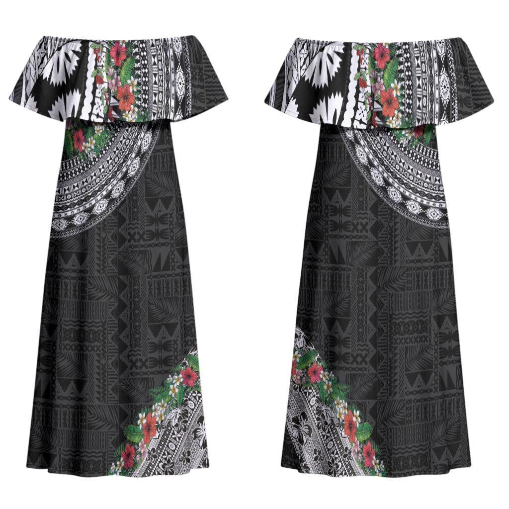 Fiji Hibiscus Family Matching Off Shoulder Maxi Dress and Hawaiian Shirt Tapa Masi Motifs with Tropical Plants LT03 Mom's Dress Black - Polynesian Pride