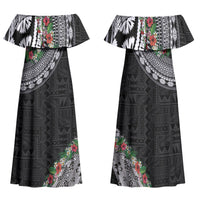 Fiji Hibiscus Family Matching Off Shoulder Maxi Dress and Hawaiian Shirt Tapa Masi Motifs with Tropical Plants LT03 Mom's Dress Black - Polynesian Pride