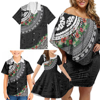 Fiji Hibiscus Family Matching Off Shoulder Short Dress and Hawaiian Shirt Tapa Masi Motifs with Tropical Plants LT03 - Polynesian Pride