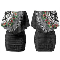 Fiji Hibiscus Family Matching Off Shoulder Short Dress and Hawaiian Shirt Tapa Masi Motifs with Tropical Plants LT03 Mom's Dress Black - Polynesian Pride