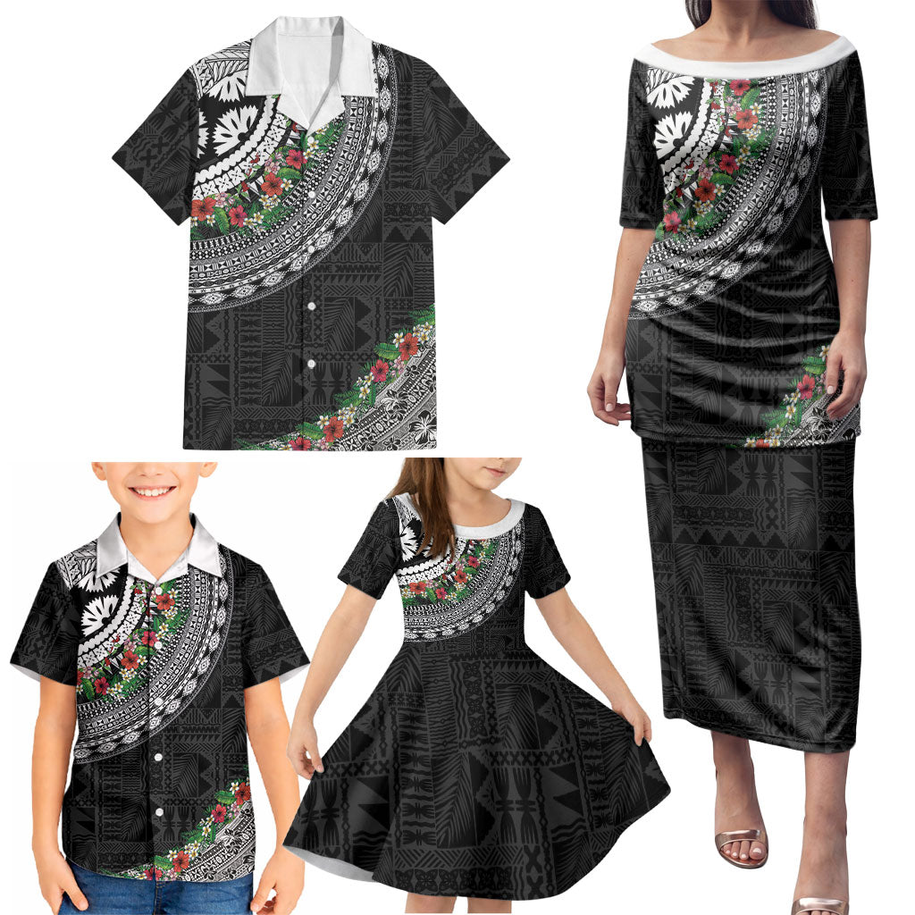 Fiji Hibiscus Family Matching Puletasi and Hawaiian Shirt Tapa Masi Motifs with Tropical Plants LT03 - Polynesian Pride