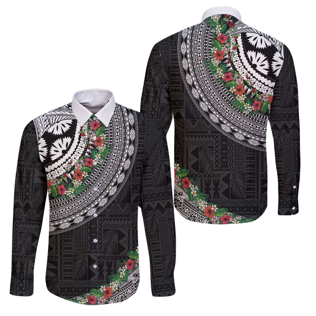 Fiji Hibiscus Family Matching Puletasi and Hawaiian Shirt Tapa Masi Motifs with Tropical Plants LT03 Dad's Shirt - Long Sleeve Black - Polynesian Pride