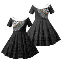 Fiji Hibiscus Family Matching Puletasi and Hawaiian Shirt Tapa Masi Motifs with Tropical Plants LT03 Daughter's Dress Black - Polynesian Pride