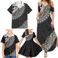 Fiji Hibiscus Family Matching Summer Maxi Dress and Hawaiian Shirt Tapa Masi Motifs with Tropical Plants LT03 - Polynesian Pride