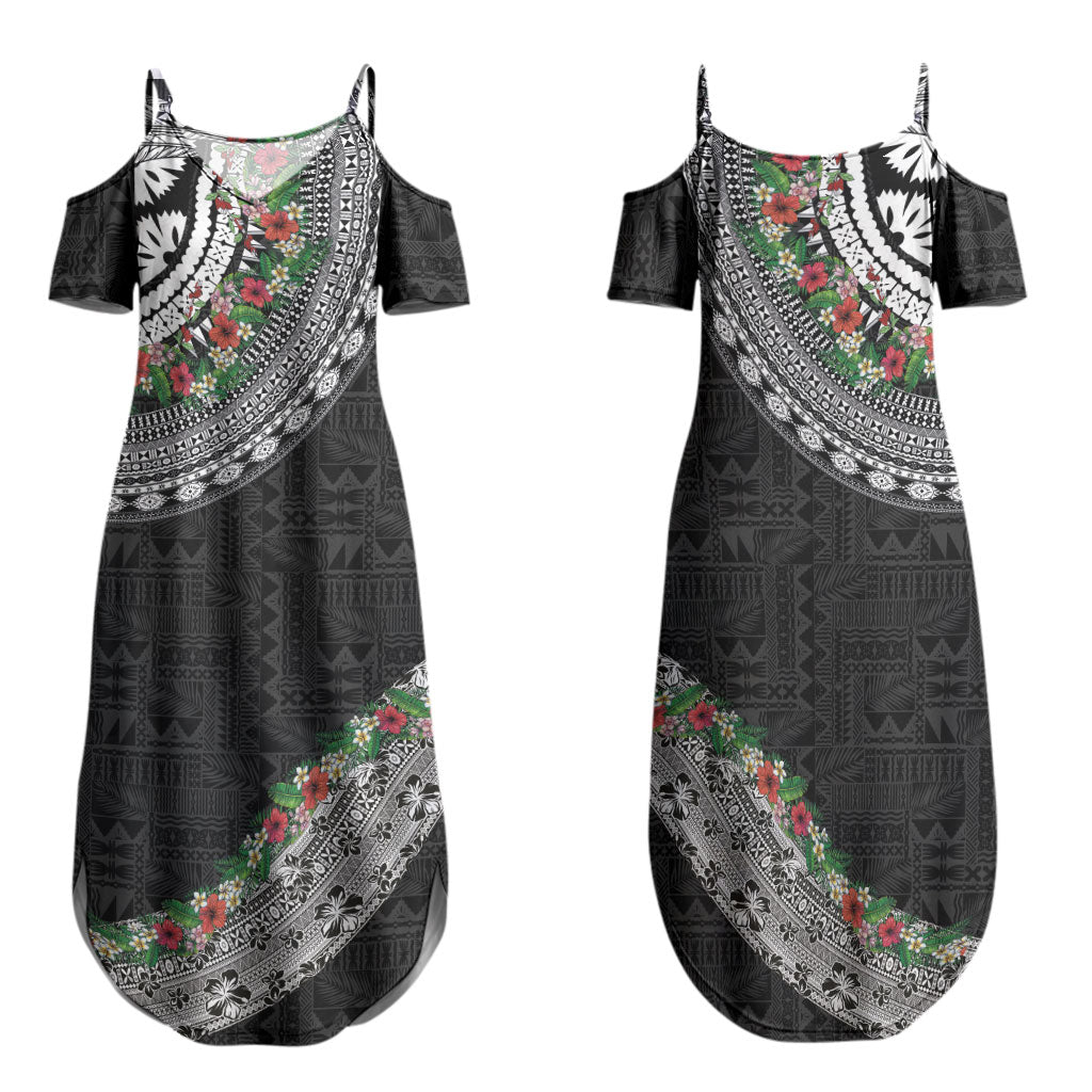 Fiji Hibiscus Family Matching Summer Maxi Dress and Hawaiian Shirt Tapa Masi Motifs with Tropical Plants LT03 Mom's Dress Black - Polynesian Pride