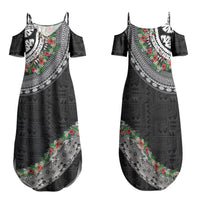 Fiji Hibiscus Family Matching Summer Maxi Dress and Hawaiian Shirt Tapa Masi Motifs with Tropical Plants LT03 Mom's Dress Black - Polynesian Pride
